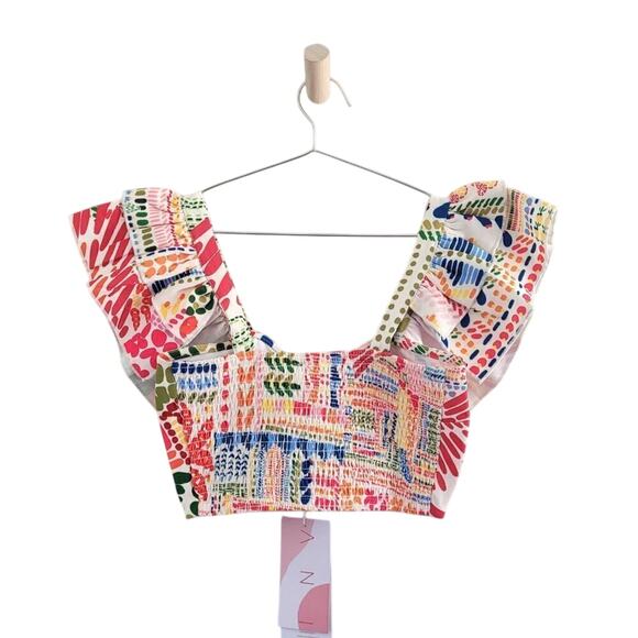 ANI Tropical 2 Piece Set Ruffle Crop Top & High Waist Wide Leg Pants Resortwear - Picture 3 of 15